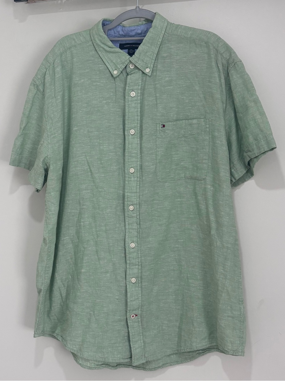 Tommy Hilfiger Men’s Green Linen Blend Button Up Shirt Regular Fit Size XXL